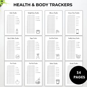 Peut inclure: Un ensemble de 12 pages de suivi de la sant&eacute; et du corps en noir et blanc. Chaque page propose un suivi diff&eacute;rent, comme un suivi de la consommation de soda, un suivi de la perte de poids et un suivi du temps d'&eacute;cran. Le texte "HEALTH & BODY TRACKERS" est en haut. L'image comprend un cercle noir avec le texte "34 PAGES".