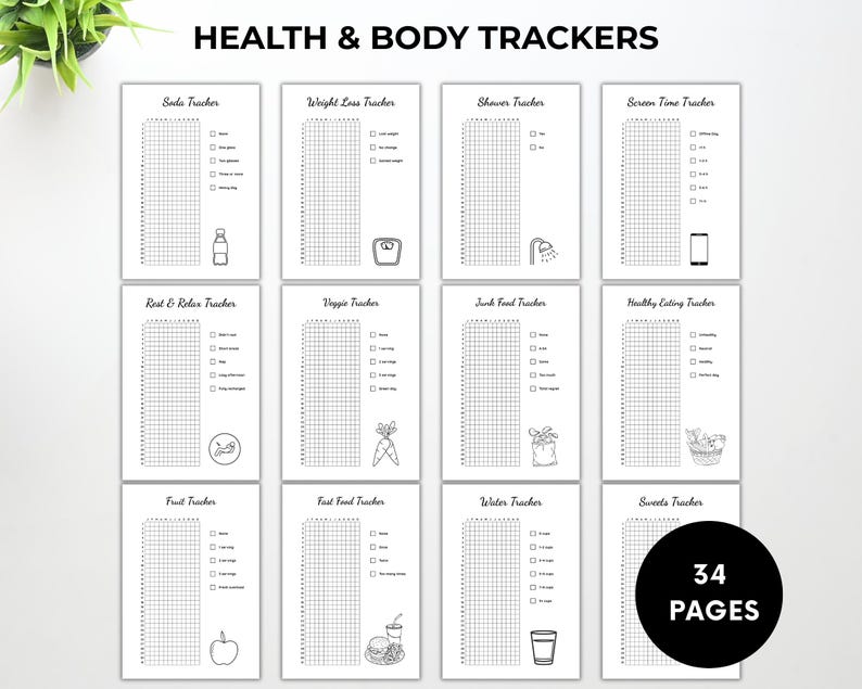 Peut inclure: Un ensemble de 12 pages de suivi de la sant&eacute; et du corps en noir et blanc. Chaque page propose un suivi diff&eacute;rent, comme un suivi de la consommation de soda, un suivi de la perte de poids et un suivi du temps d'&eacute;cran. Le texte "HEALTH & BODY TRACKERS" est en haut. L'image comprend un cercle noir avec le texte "34 PAGES".