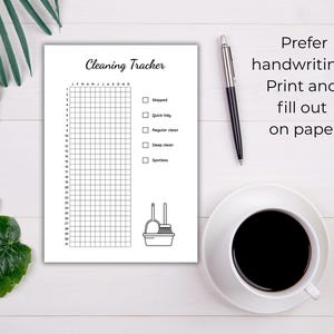 Peut inclure: Un imprim&eacute; blanc de suivi de nettoyage avec une grille pour le suivi des t&acirc;ches quotidiennes. Le texte "Cleaning Tracker" est en haut. L'image comprend &eacute;galement un stylo, une tasse de caf&eacute; et le texte "Prefer handwriting? Print and fill out on paper."