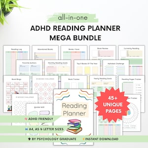 May include: ADHD reading planner mega bundle with over 45 unique pages. Includes reading log, book tracker, and more. Available in A4, A5, and letter sizes. Designed by a psychology graduate. Instant download.