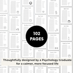 Peut inclure: Un ensemble de pages de planificateur imprimables avec des trackers pour le sommeil, l'anxi&eacute;t&eacute; et l'humeur. Les pages sont en noir et blanc avec des lignes de grille et des illustrations. Le texte indique "102 PAGES" et "Thoughtfully designed by a Psychology Graduate for a calmer, more focused life."
