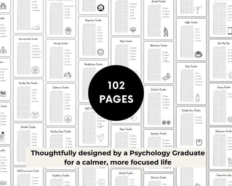 Peut inclure: Un ensemble de pages de planificateur imprimables avec des trackers pour le sommeil, l'anxi&eacute;t&eacute; et l'humeur. Les pages sont en noir et blanc avec des lignes de grille et des illustrations. Le texte indique "102 PAGES" et "Thoughtfully designed by a Psychology Graduate for a calmer, more focused life."