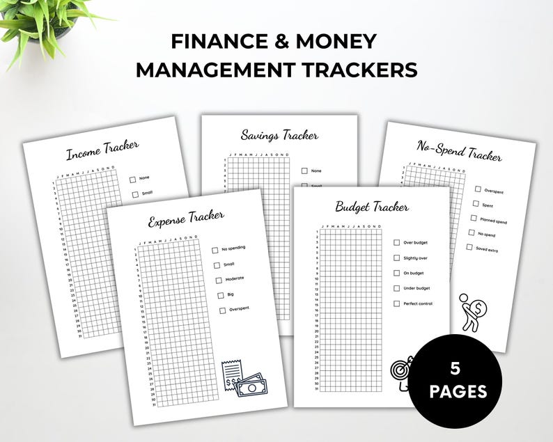 Peut inclure: Pr&eacute;sentation de cinq pages blanches de suivi des finances et de la gestion de l'argent. Les pages comprennent des trackers de revenus, d'&eacute;pargne, de d&eacute;penses, de budget et de non-d&eacute;penses. Chaque page comporte une grille de suivi et des cases &agrave; cocher. Le texte "FINANCE & MONEY MANAGEMENT TRACKERS" est en haut.