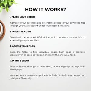 Peut inclure: Fond blanc avec le texte "HOW IT WORKS?" et des &eacute;tapes num&eacute;rot&eacute;es. Comprend des instructions sur la commande, l'acc&egrave;s &agrave; un guide, l'acc&egrave;s aux fichiers et l'impression. Une tasse de caf&eacute; et une petite plante sont dans l'image.