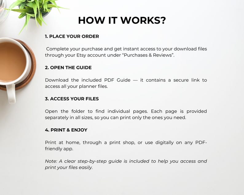 Peut inclure: Fond blanc avec le texte "HOW IT WORKS?" et des &eacute;tapes num&eacute;rot&eacute;es. Comprend des instructions sur la commande, l'acc&egrave;s &agrave; un guide, l'acc&egrave;s aux fichiers et l'impression. Une tasse de caf&eacute; et une petite plante sont dans l'image.