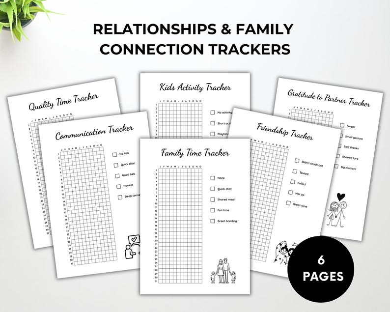 Peut inclure: Pr&eacute;sentation de six trackers blancs pour les relations et les liens familiaux. Chaque tracker comprend une grille pour enregistrer les activit&eacute;s, avec des titres tels que "Quality Time Tracker" et "Friendship Tracker". Le texte "RELATIONSHIPS & FAMILY CONNECTION TRACKERS" est en haut.