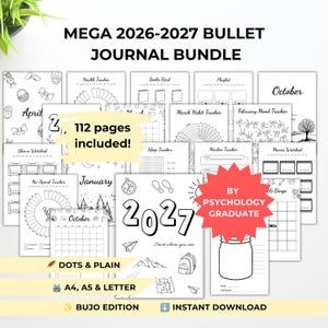Peut inclure: Un ensemble de pages de journal de bord imprimables en noir et blanc intitulé MEGA 2026-2027 BULLET JOURNAL BUNDLE. Le lot comprend 112 pages avec des suivis pour la santé, les habitudes, le sommeil, les livres et les films, ainsi que des calendriers.