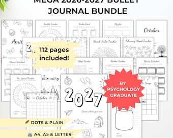 Op de afbeelding: Een verzameling zwart-wit printbare bullet journal pagina's getiteld MEGA 2026-2027 BULLET JOURNAL BUNDLE. De set bevat 112 pagina's met trackers voor gezondheid, gewoontes, slaap, boeken en films, plus maandelijkse kalenders en doelenbladen.