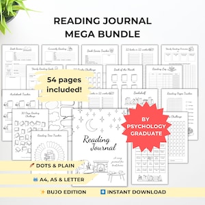 Könnte beinhalten: Ein Reading Journal Mega Bundle mit 54 Seiten, einschließlich Vorlagen für Buchbesprechungen, Leseprotokolle und Lese-Challenges. Das Journal hat ein gemütliches Design mit Kamin- und Mondillustration. Sofortiger Download.