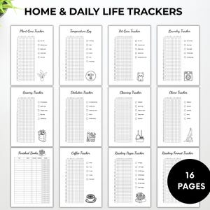 Peut inclure: Un ensemble de 16 pages de trackers pour la maison et la vie quotidienne. Les trackers incluent le suivi des plantes, de la temp&eacute;rature, des animaux de compagnie, de la lessive, des courses, du d&eacute;sencombrement, du nettoyage, des t&acirc;ches m&eacute;nag&egrave;res, des livres finis, du caf&eacute;, de la lecture et du format de lecture.