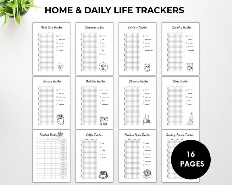 Peut inclure: Un ensemble de 16 pages de trackers pour la maison et la vie quotidienne. Les trackers incluent le suivi des plantes, de la temp&eacute;rature, des animaux de compagnie, de la lessive, des courses, du d&eacute;sencombrement, du nettoyage, des t&acirc;ches m&eacute;nag&egrave;res, des livres finis, du caf&eacute;, de la lecture et du format de lecture.