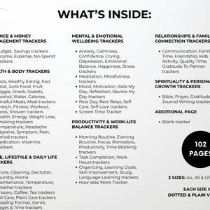 Peut inclure: Graphique noir et blanc avec le texte &laquo;&nbsp;WHAT'S INSIDE&nbsp;:&nbsp;&raquo; &eacute;num&eacute;rant les trackers pour la finance, la sant&eacute;, les relations et la productivit&eacute;. L'image indique &eacute;galement &laquo;&nbsp;102 PAGES&nbsp;&raquo; et &laquo;&nbsp;3 TAILLES&nbsp;: A4, A5 & US LETTER&nbsp;&raquo;.