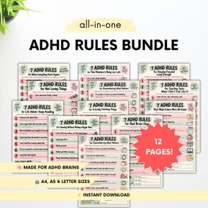 Könnte beinhalten: Ein digitales ADHD-Regel-Paket mit 12 Seiten druckbarer Anleitungen in Rosa und Grün. Jede Seite listet sieben Regeln für Aufgabenmanagement, Zeitplanung und Organisation auf. Der Text enthält 'all-in-one ADHD RULES BUNDLE', '12 PAGES!' und 'MADE FOR ADHD BRAINS'.