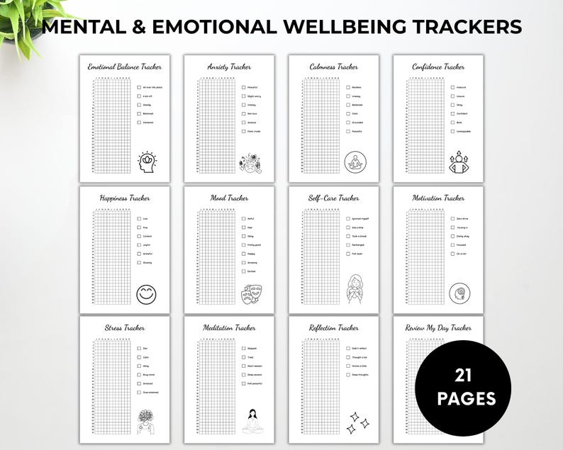 Peut inclure: Un ensemble de 12 trackers de bien-&ecirc;tre mental et &eacute;motionnel en noir et blanc. Chaque tracker comporte un titre, une liste de contr&ocirc;le et une petite illustration. Les trackers incluent des titres tels que "&Eacute;quilibre &eacute;motionnel", "Anxi&eacute;t&eacute;" et "Bonheur". L'image comprend &eacute;galement un cercle noir avec le texte "21 PAGES".