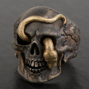 May include: A detailed, dark silver skull ring with a gold-colored snake wrapped around it. The snake's head emerges from the eye socket, creating a striking contrast. The ring has a gothic or biker theme.