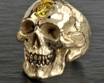 SPECIAL LISTING - (Sold) Solid 14K gold skull with 2.5 carat natural yellow diamond