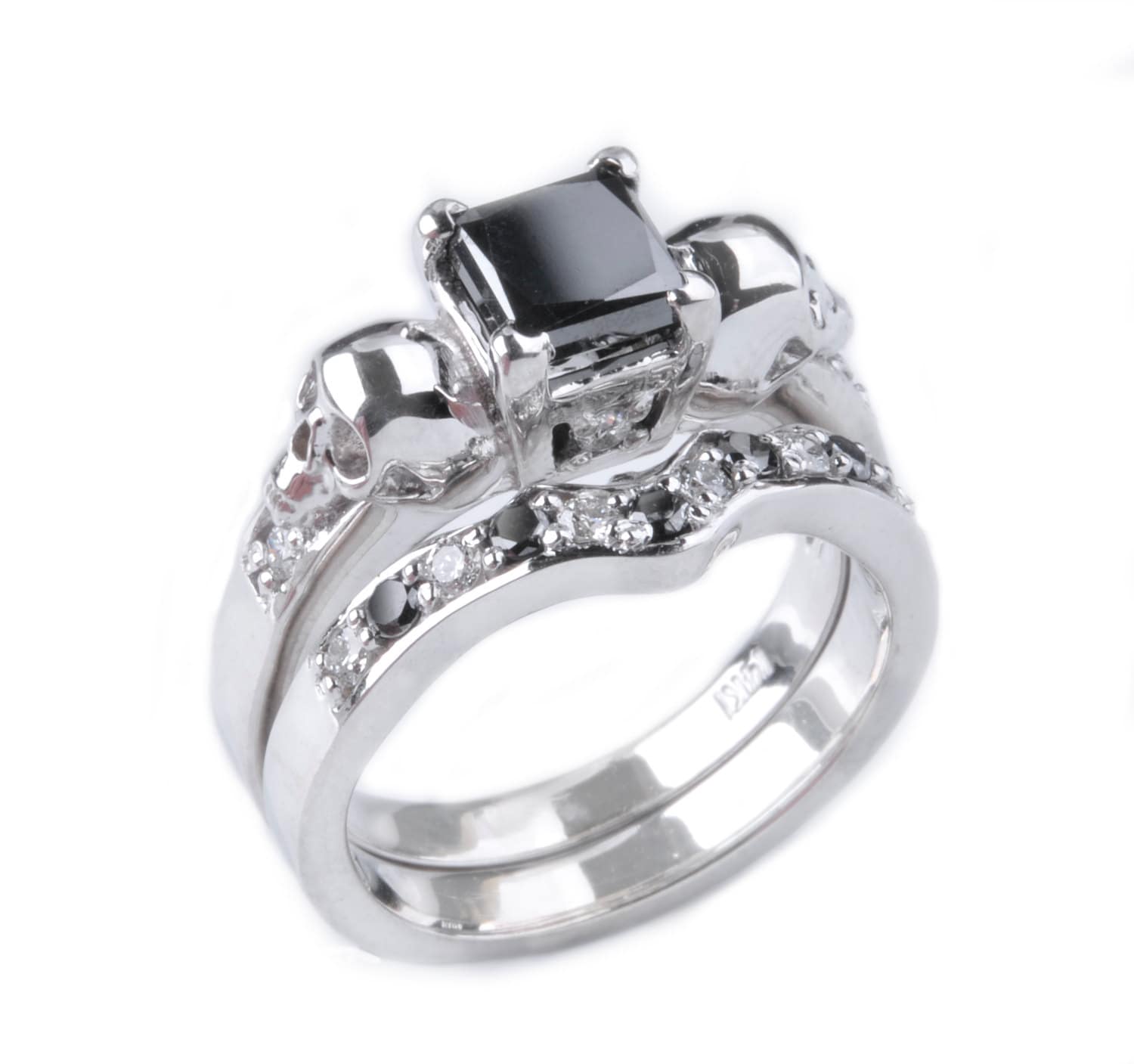Marvelous Princess Cut 2.10 CT Black Moissanite Diamond 925 Sterling Silver Engagement and Wedding Ring With Black Rhodium Black Ring Set