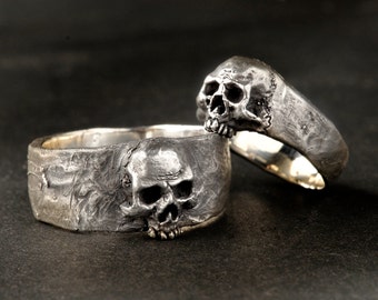 Silver Skull Wedding Ring Set, Solid Sterling Silver Wedding Ring Set