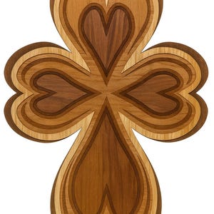 May include: A wooden wall art piece in the shape of a four-leaf clover. The clover is made of layered wood in varying shades of brown, creating a three-dimensional effect. The design features heart-shaped leaves.