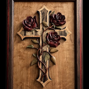 May include: Wooden wall art featuring a carved cross with three dark red roses and green leaves. The cross is made of layered wood with a light brown background and a dark brown frame with red accents. The roses are intricately detailed.