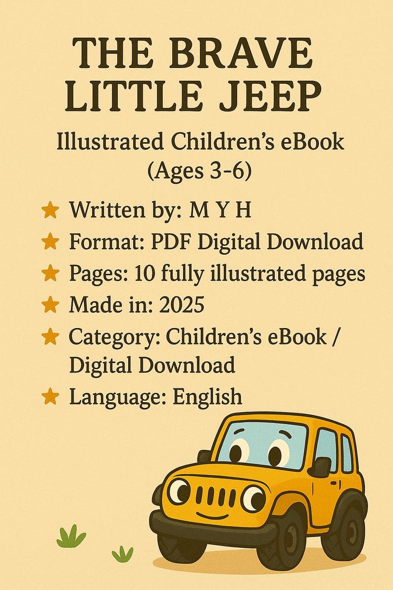 May include: A children's eBook cover titled "The Brave Little Jeep." The cover features a yellow cartoon jeep with a smiling face. Text includes "Illustrated Children's eBook (Ages 3-6)" and details about the book's format and content.
