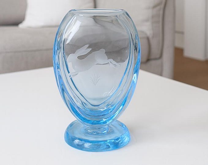 Featured listing image: Vintage blue glass vase with frosted engraving of a hare and grass.