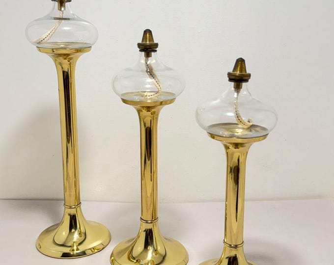 Featured listing image: Set of 3 Vintage Danish Brass Oil Lamps, Scandinavian Design Glass Lighting