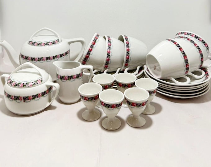 Featured listing image: Vintage Rörstrand Tea Set – Pink Rose Garland Porcelain – 21 pcs Sweden 1940s
