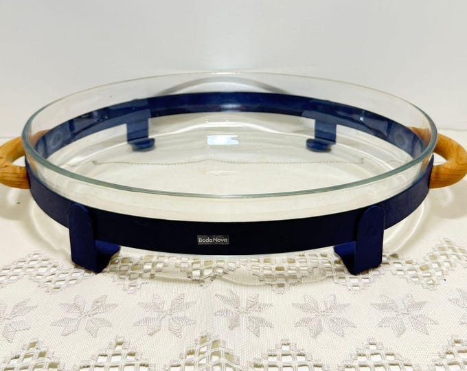Featured listing image: Vintage Boda Nova Glass Serving Bowl with Stand & Wooden Handles – Scandinavian Design