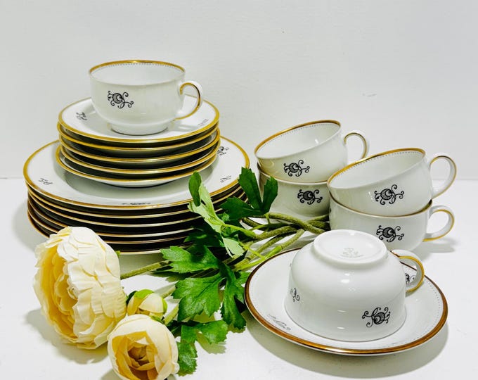 Featured listing image: Vintage Karlskrona Porcelain Tea Set – Swedish Gold Accent Coffee Cups