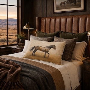 May include: A rectangular throw pillow featuring a printed illustration of a brown horse walking across a tan field. The pillow is placed on a bed with a brown leather headboard, dark green pillows, a light-colored sheet, and a dark brown throw blanket.