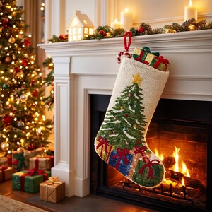May include: A Christmas stocking with a green Christmas tree design and gold star, filled with wrapped gifts and a candy cane, hangs above a fireplace. The stocking is cream-colored with a textured appearance. A lit Christmas tree is in the background.