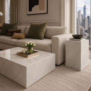 Pode incluir: Uma mesa de centro quadrada de mármore branco com veios cinzentos, acompanhada por uma mesa lateral retangular de mármore a condizer. A mesa de centro contém um tabuleiro de madeira com um vaso de vidro com tulipas brancas e uma vela.
