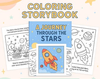 Peut inclure: Un livre de coloriage pour enfants intitulé "A Journey Through The Stars" avec une illustration de fusée. L'image présente des pages à colorier avec des dessins sur le thème de l'espace et le texte "Instant Download".