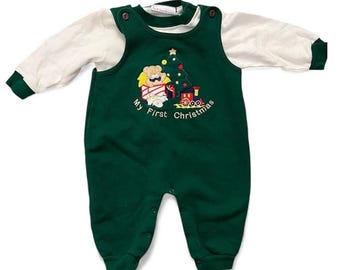 Vintage 1998 Little Boys "My First Christmas" Green 2-Piece Jumpsuit 6-9M