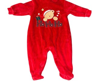 Tutina natalizia vintage per neonati, tutina in velluto rosso con orsetto, 6 mesi