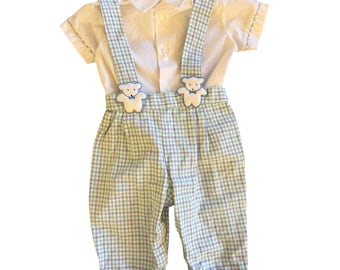 Vintage NWOT jaren 90 geruite baby jarretel set teddybeer wit blauw groen 3-6 M
