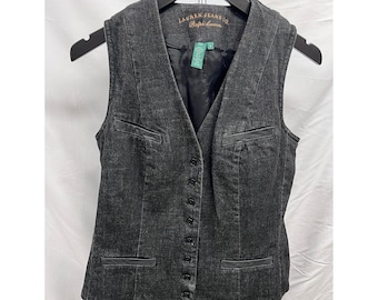 Ralph Lauren Jean Co. Vintage 90's Black Denim 100% Leather Trim Western Vest M