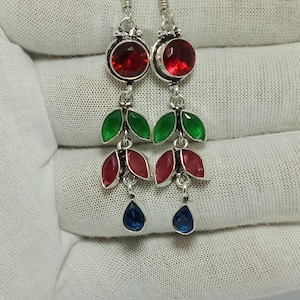 Multi Color Quartz Gemstone Dangle Earrings: Silver Plated Handmade Jewelry