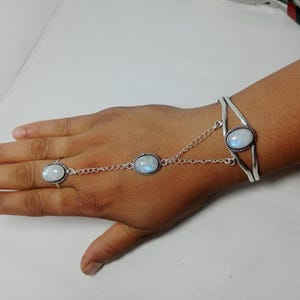 Rainbow Moonstone Bracelet with Attached Ring: 925 Sterling Silver Bracelet