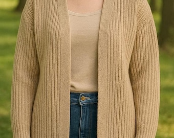 Handmade Women’s Beige Cardigan – Cozy Open Front Ribbed Knit Sweater, Winter Layering Knitwear