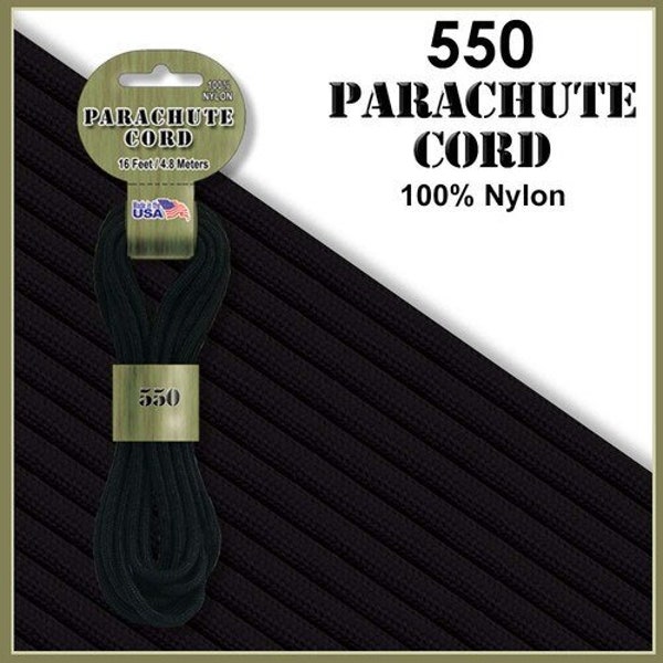 Black 550 Paracord Parachute Cord 100% Nylon 16ft.  Made in America