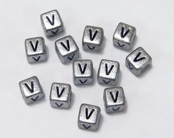 Letter-V, 6x6mm Silver Metallic Acrylic Cube Alphabet Beads Glossy Black Letter V, 100pc