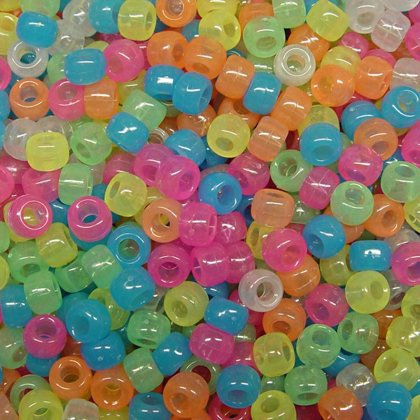 Multi Colors Glow in Dark 9x6mm Pony Beads 500pc made in the USA  for school crafts hair decor kandi jewelry