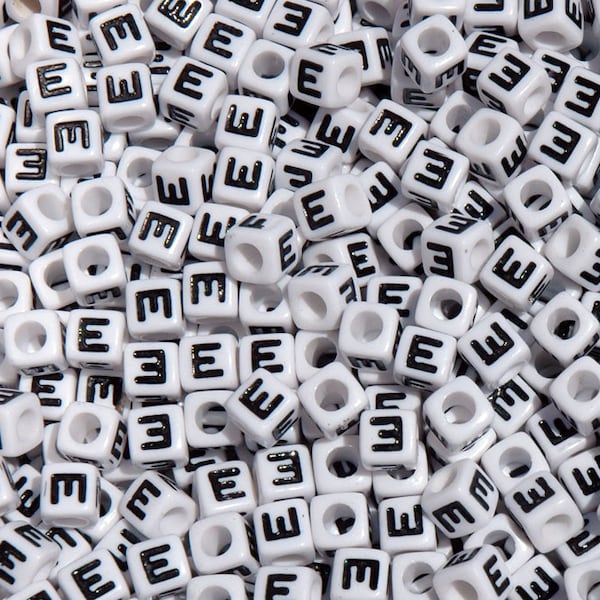 Letter-E, 7x7mm Cube Alphabet Beads Brite White with Glossy Black Letter E, 100pc