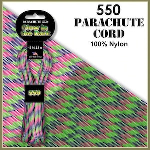 Sweet Tarts color Glow in the Dark 550 Paracord Parachute Cord 100% Nylon 16ft.  Made in America