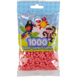 May include: A clear plastic bag of Perler beads with a blue top and a pink bottom. The bag features a design of a parrot, crab, and monkey made of colorful beads. The bag also has the text "1000 beads perles cuentas".