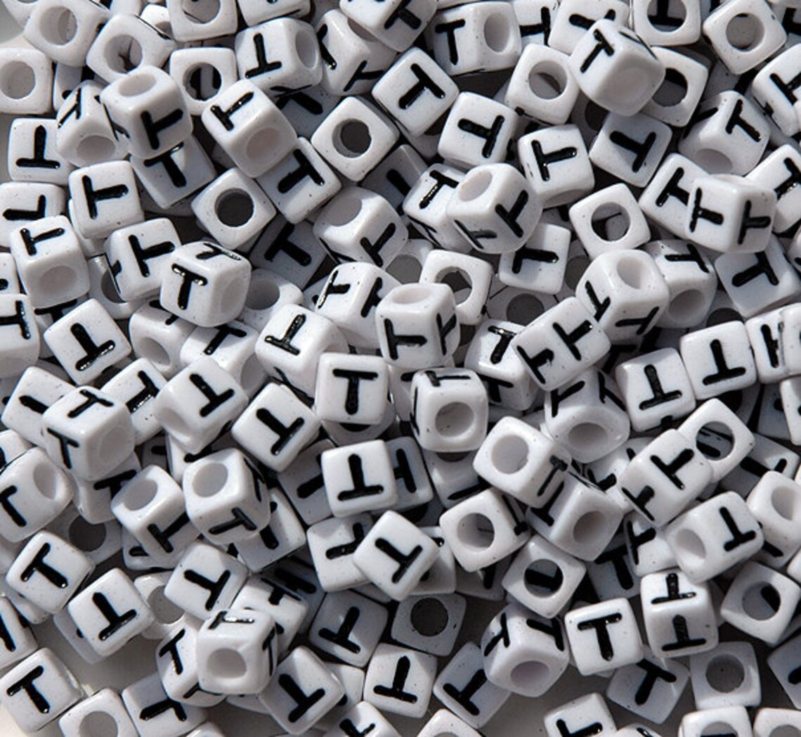 Bit Alphabet T Letter-t, 7x7mm Cube Alphabet Beads Brite White With Glossy Black ...