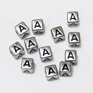 Letter-A, 6x6mm Silver Metallic Acrylic Cube Alphabet Beads Glossy Black Letter A, 100pc