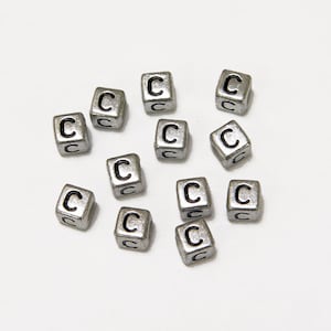 Letter-C, 6x6mm Silver Metallic Acrylic Cube Alphabet Beads Glossy Black Letter C, 100pc